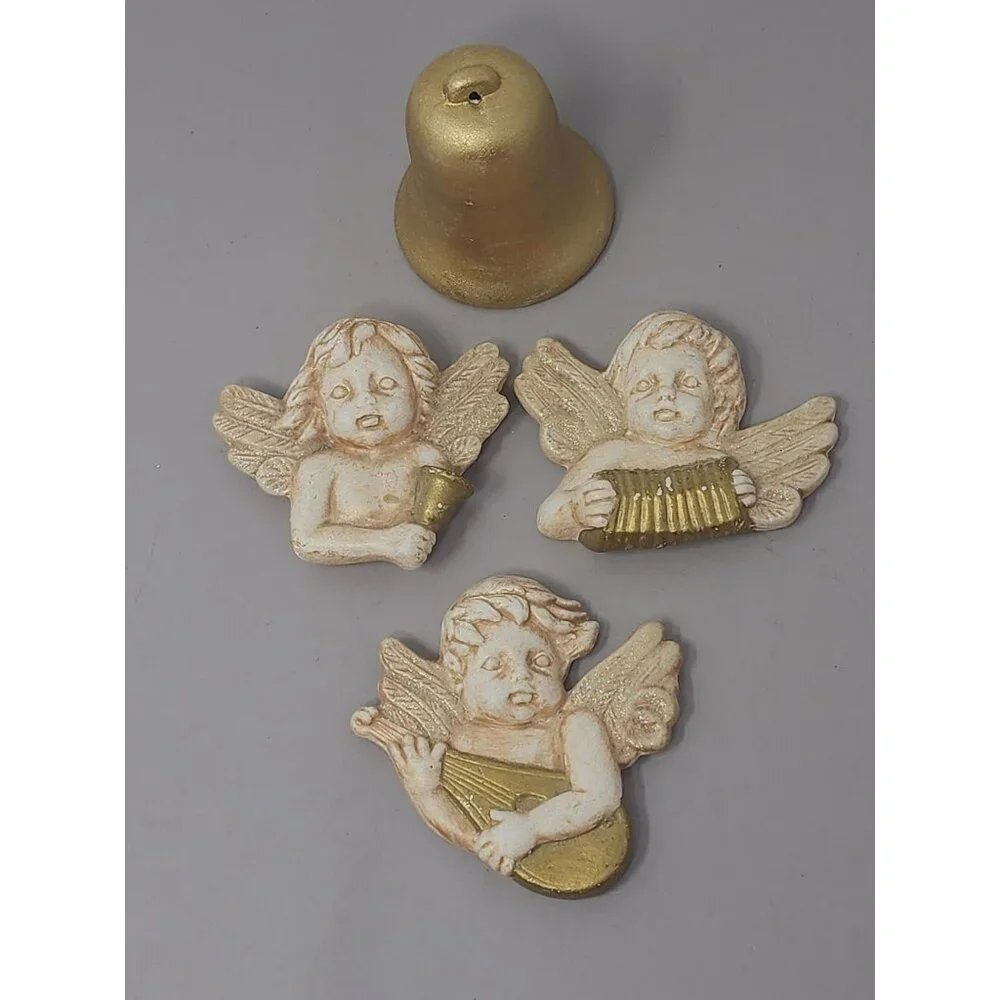 Set Of 3 Angel Figurines With Golden Bell Holder Wall Decor